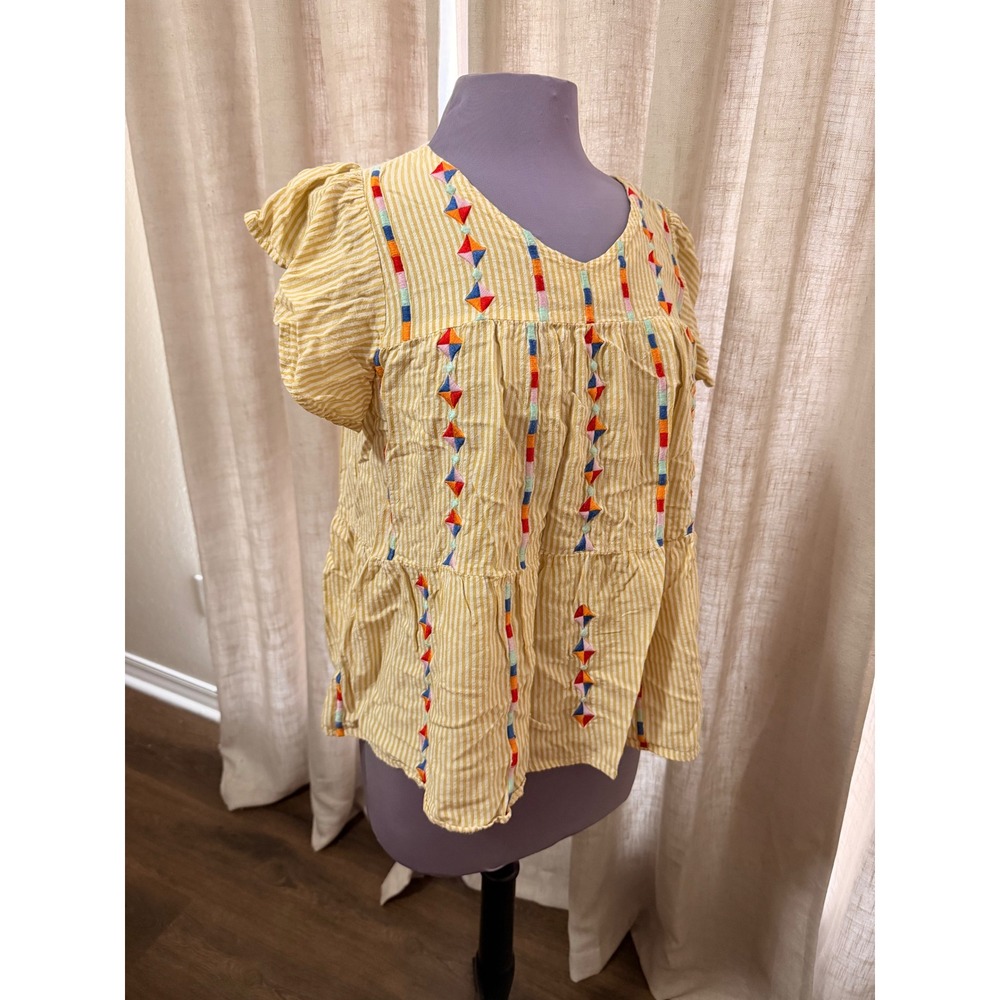Hailey & Co Yellow White Stripe Embroidered Tiered V Neck Blouse Top Large